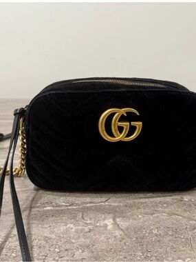 Gucci Black Velvet GG Small Crossbody with Gold Hardware